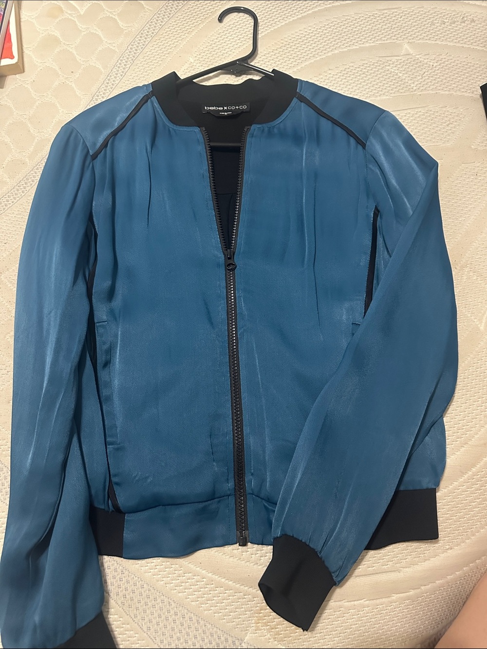 bebe Blue Bomber Jacket with Black Trim